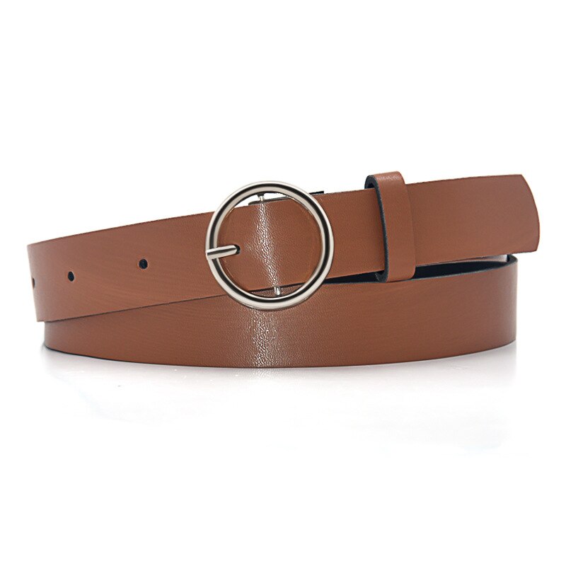 Cinturones de cuero con hebilla redonda para mujer, cinturón clásico Retro de que combina con todo, con hebilla redonda, para Vaqueros: Silver Coffee