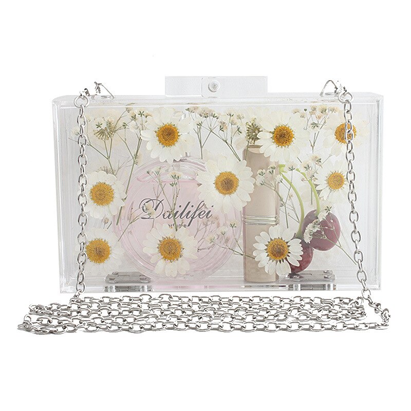 Frauen Blume Hochzeit Partei Perle Blume Braut Handtasche Klar Harte Kasten Kupplung transparent Kette Tasche: Weiß