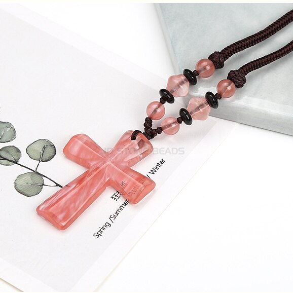 Natural Stone Cross Necklace Hand-woven Rope for Women and Girls Long Sweater Chain Jewelry: Pink