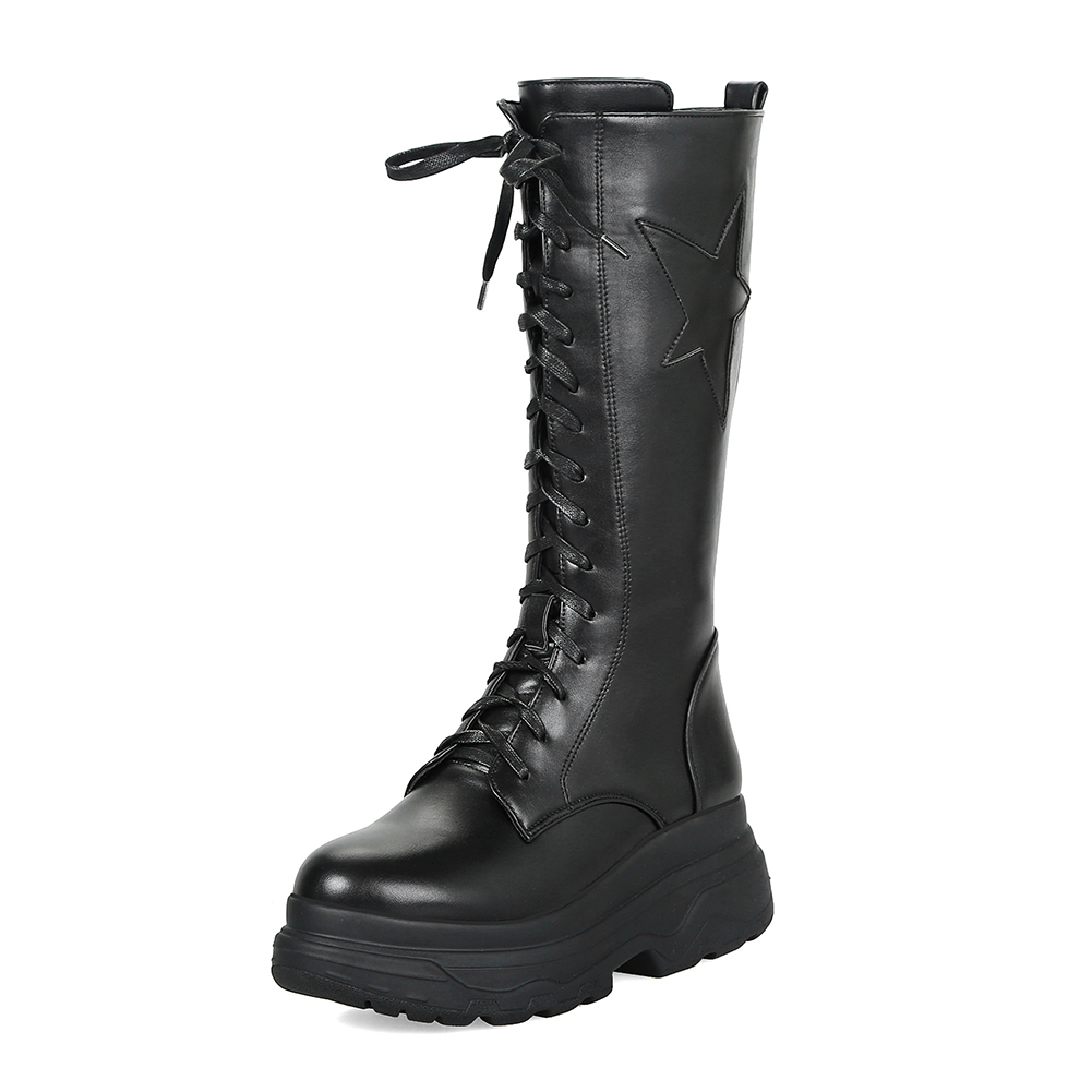DoraTasia Big Size 33-43 Mid-kalf Platform Motorlaarzen Vrouwen Winter Dames Lace-up hoge Hakken Schoenen Vrouw: 9.5