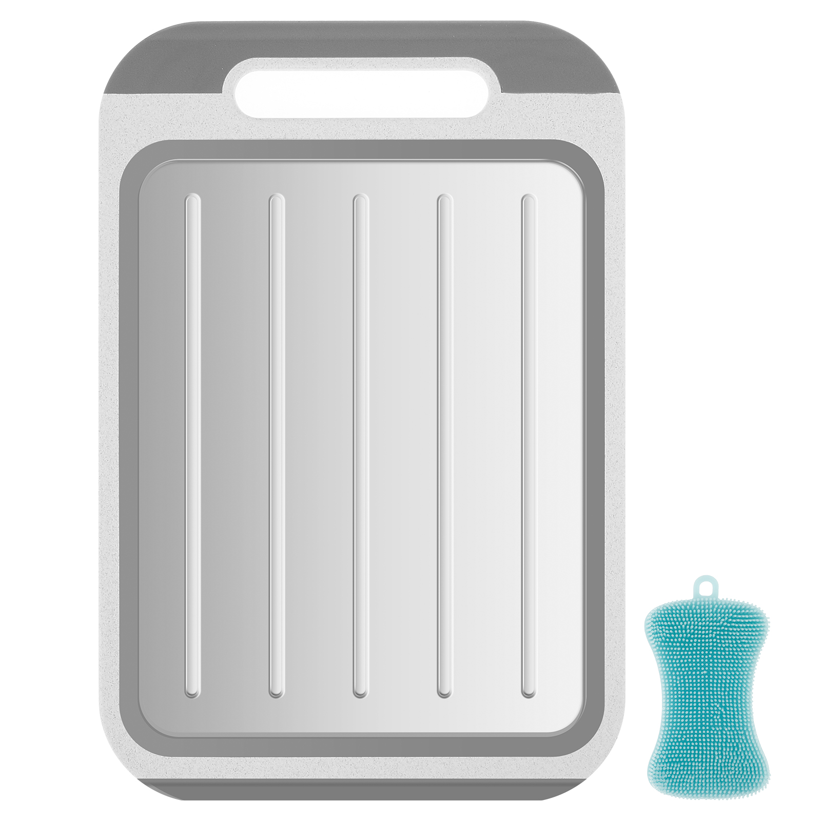 Tábua de corte dupla face com alça e ranhura profunda de suco, aço inoxidável e PP, utensílios de cozinha de dupla finalidade: Azul