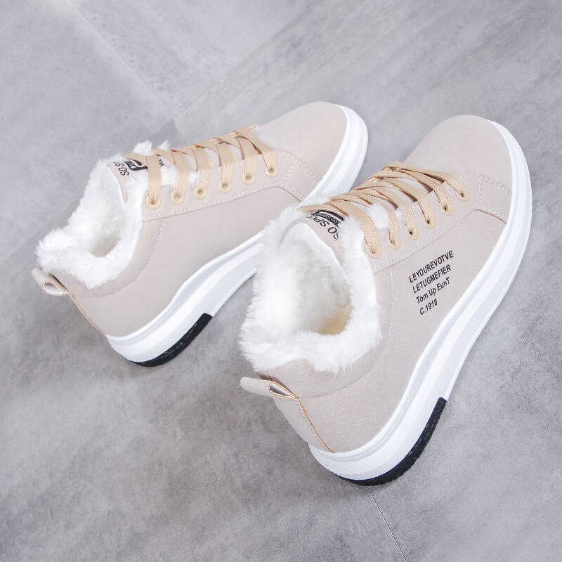 Winter damesschoenen warme bont pluche dames casual schoenen veterschoenen sneakers dames platform: Beige / 40