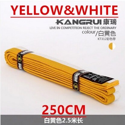 Ceinture de taekwondo noire wtf de haute qualité, ceinture en coton brodée, ceinture de taekwondo personnalisée, 2.5m ceintures de karaté de couleur rouge, bleu et jaune: Jaune avec du blanc