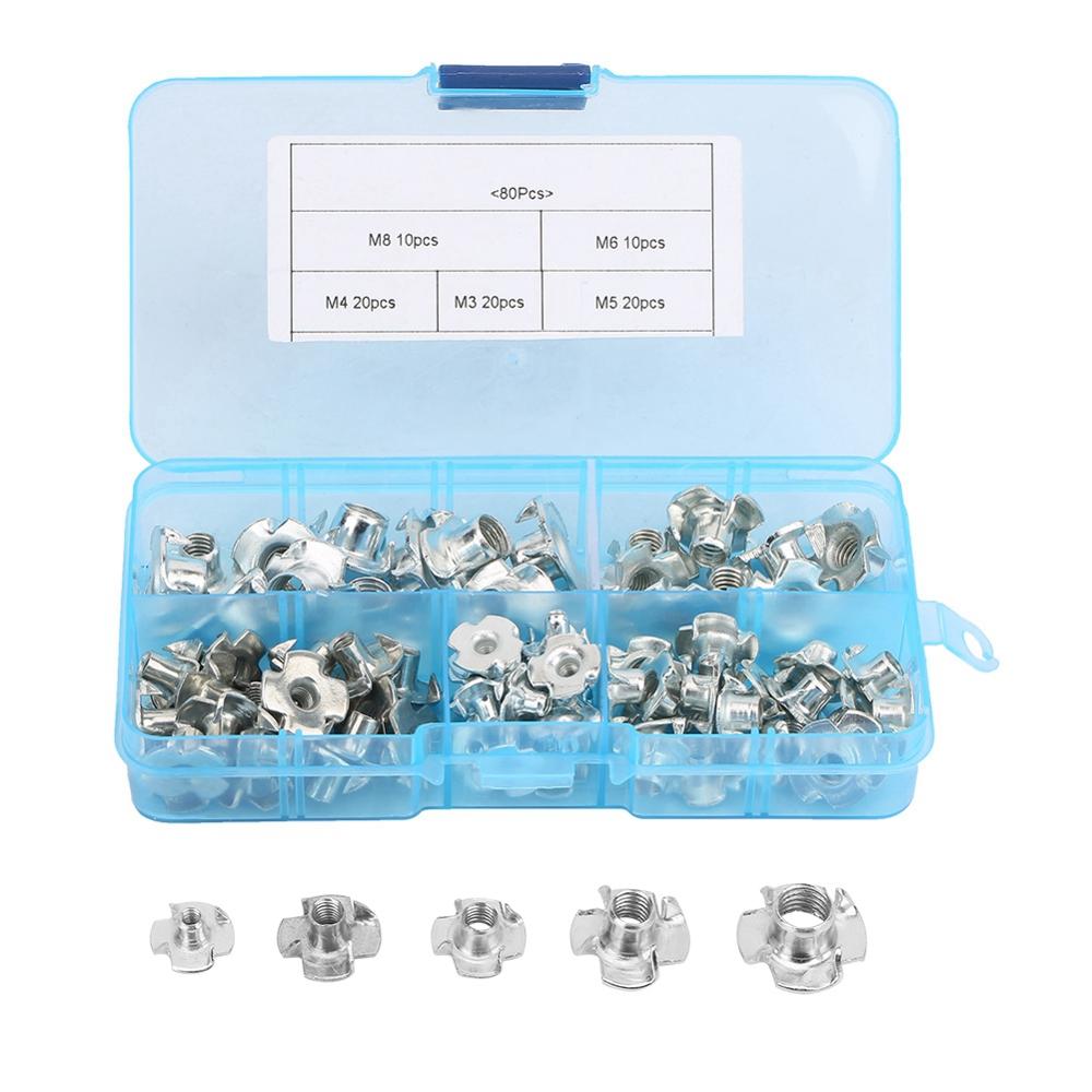 80Pcs Carbon Steel T Nuts Four-Pronged Speaker Nut Assortment Kits For Woodworking Furniture Fastener M3/M4/M5/M6/M8 Tee Nuts