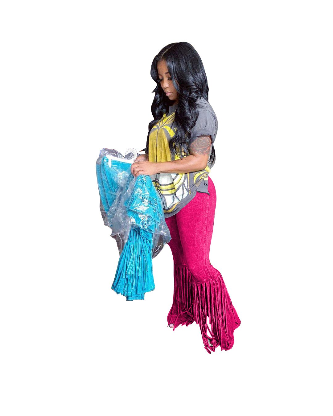 CM.YAYA-ropa de calle de ante para mujer, pantalones de empalme con borlas, Leggings de cintura alta, pantalones de chándal drapeados con campana acampanados: Rose Red / XL