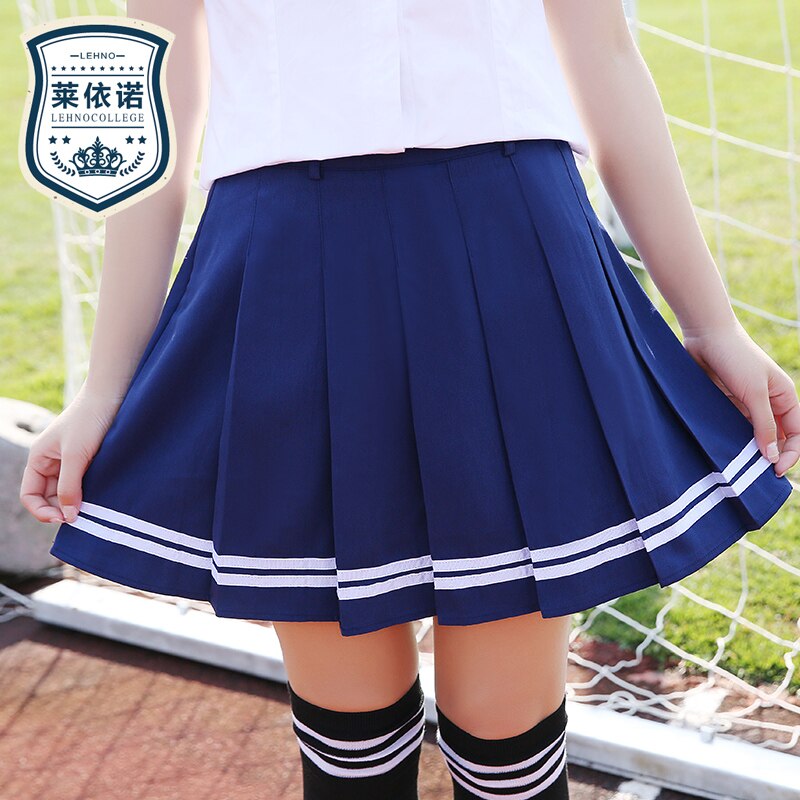 Brand LEHNO Girls Skirt Black School Uniform Students Blue Skirt A-line Sweet Strap Skirt Short Skirt: Blue Skirt / M