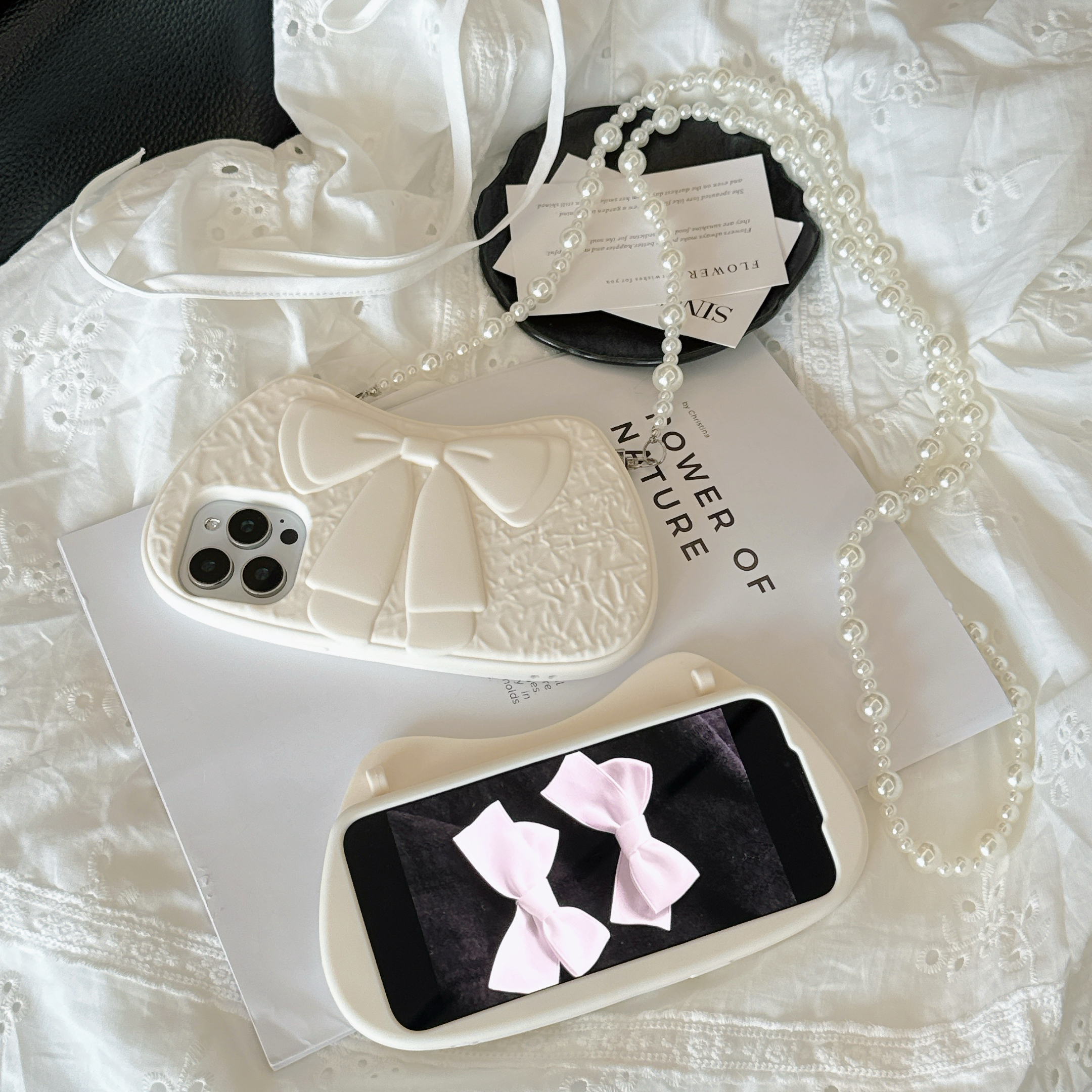 3D White Big Bowknot Soft Silicone Phone Case for iPhone 12/13/14/15/16 pro Max Protect Back Cover, Long Crossbody Pearl Lanyard