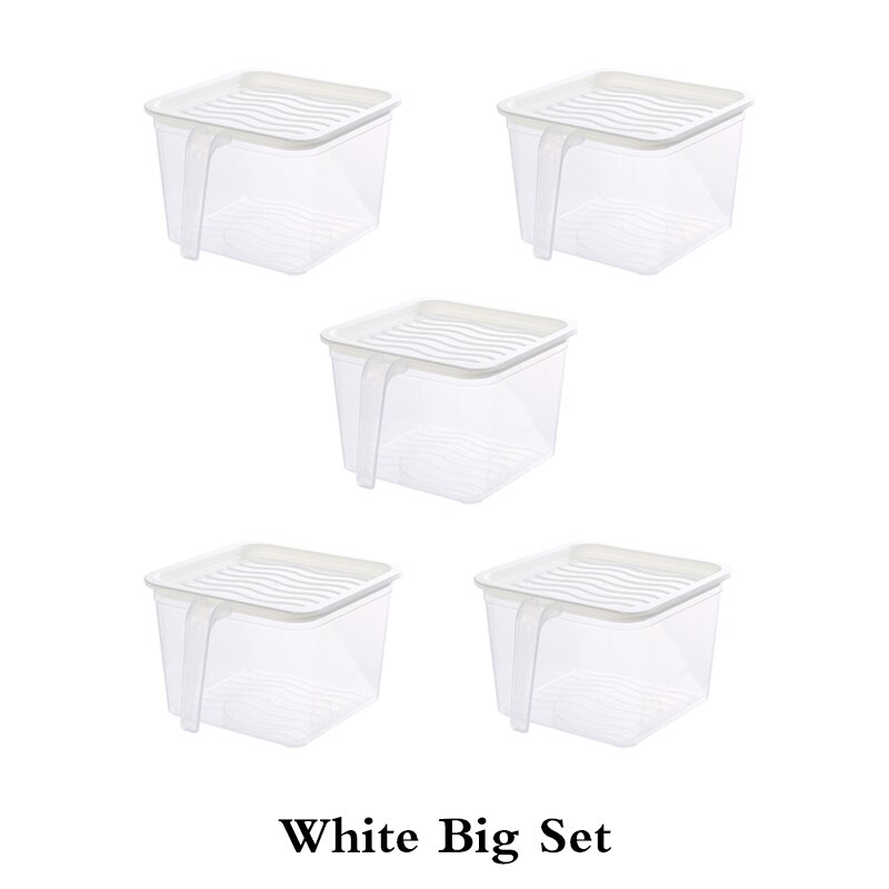 Kitchen Food Container Transparent Storage Box With Handle Refrigerator Drawer Organizer Plastic Fridge Storage Bin Containers: White-b-set
