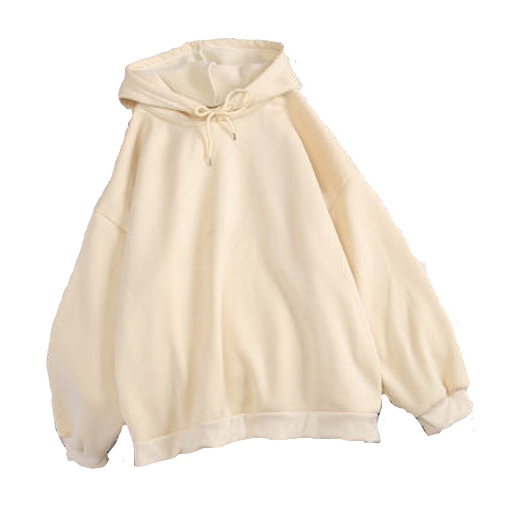 Womens Long Sleeve Hoodies Drawstring Pullover Solid Color Sweatshirts long-sleeved sweater Suéter de moda: L / Beige