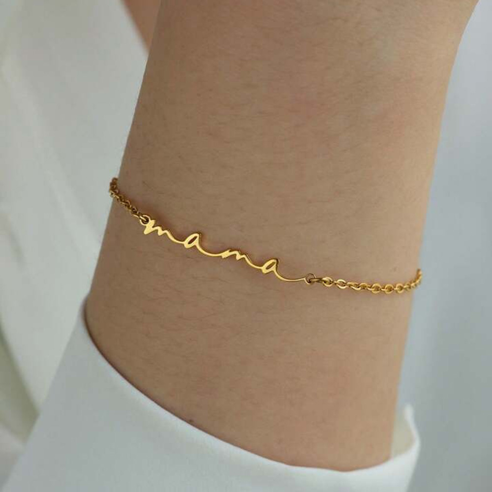 Delicate mini "mama" letter bracelet for women, gold-colored, stainless steel, elegant adjustable link chain, mother's day jewelry, mum gift