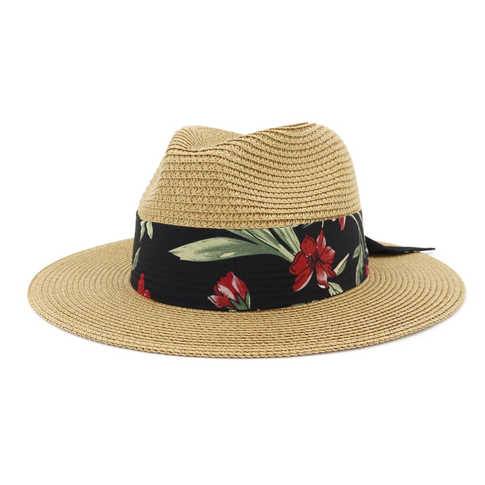 Dameshoed zomer brede rand strohoeden grote zonnehoeden uv-bescherming panama floppy strandhoeden dames strikhoed dames fedora's: Khaki