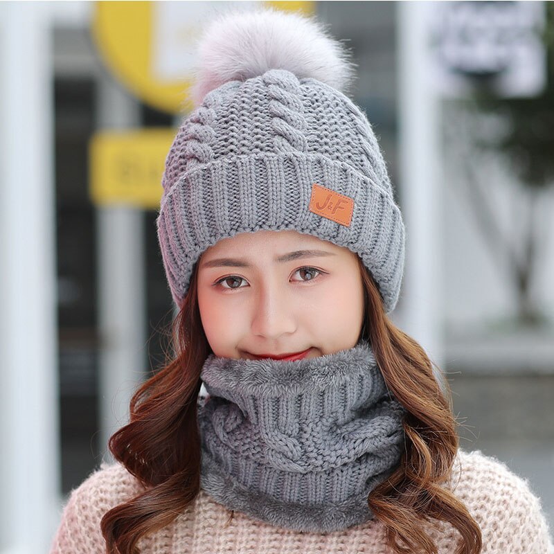 Conjunto de bufanda y sombrero de Invierno para mujer, gorro grueso de algodón, gorro de invierno cálido con anillo, bufanda, sombreros femeninos para niñas, sombrero de pompones: grey