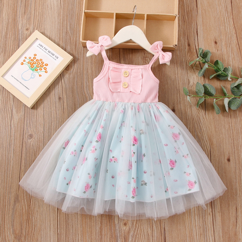 Abiti da festa per bambina Midi increspati Patchwork stampato floreale senza schienale senza maniche con stampa floreale: Colore rosa / 18m