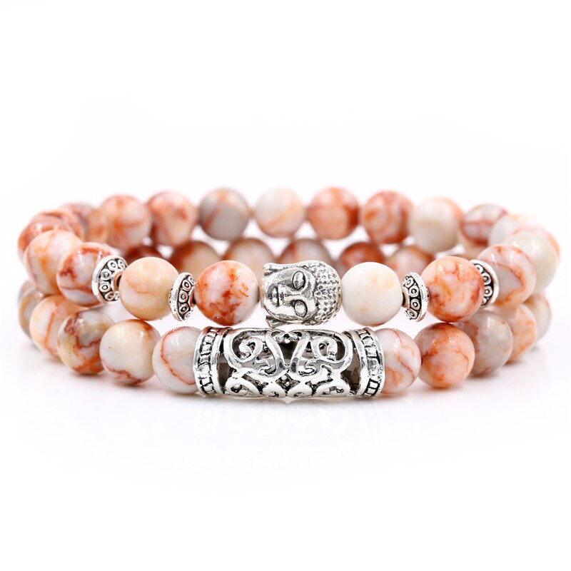 2PCS/Set Buddha Head Charm Natural 8mm Stone Beads Bracelet Sets For Women Men Braiding Macrame Bracelet Set Charm Bangle