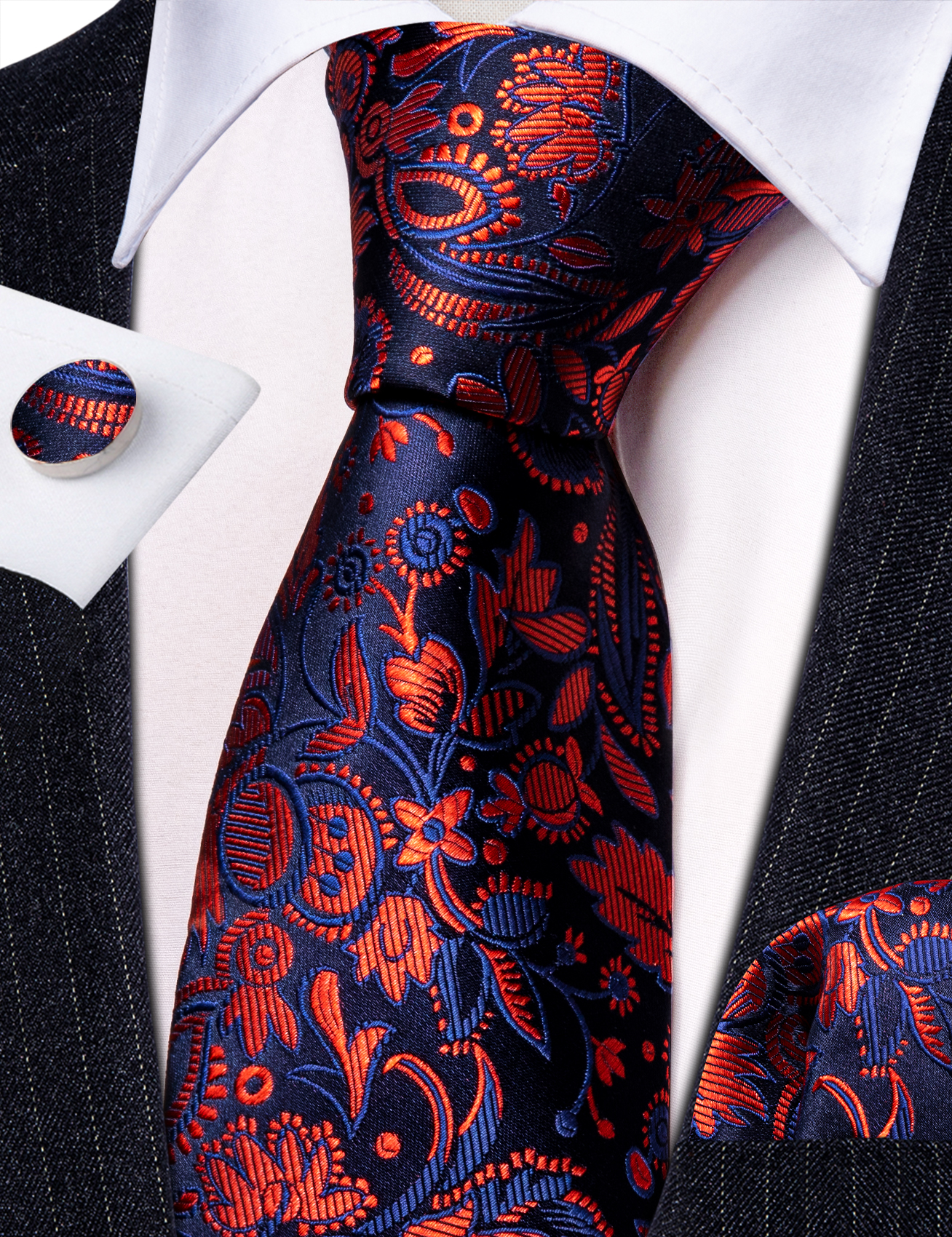 Corbatas de seda rojas y azules para hombre, conjunto de gemelos cuadrados de bolsillo de Cachemira Jacquard, a la , para novio, boda, , negocios, Barry.Wang, novedad