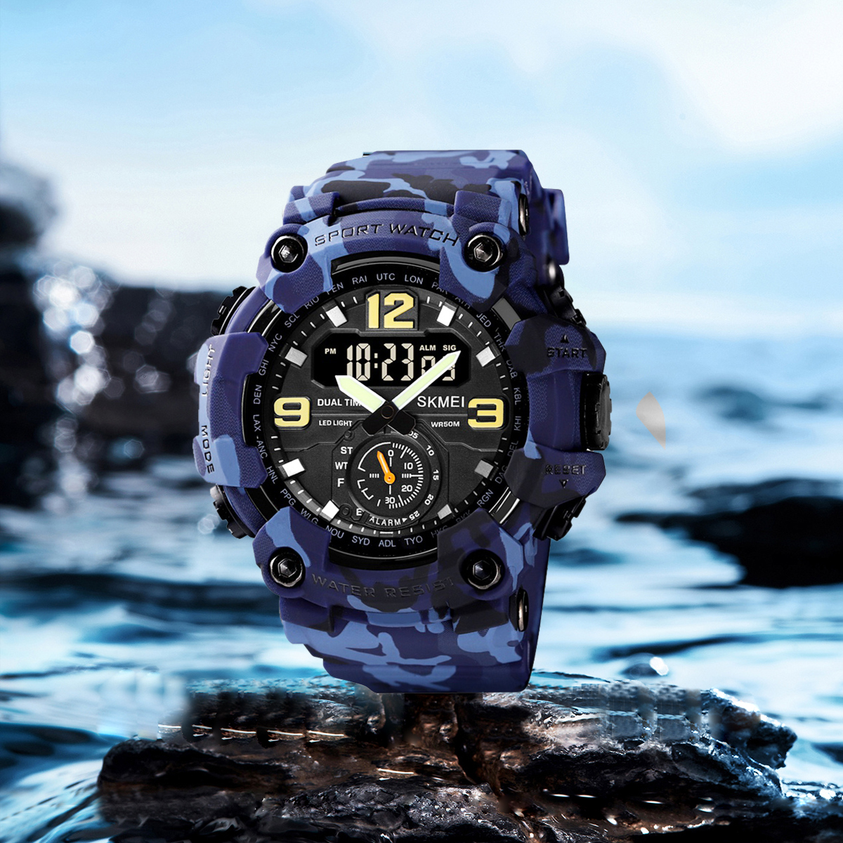 SKMEI schokbestendig digitaal digitaal polshorloge voor heren Dubbele beweging LED-licht Sport quartz horloge Mannelijke waterdichte elektronische horloges
