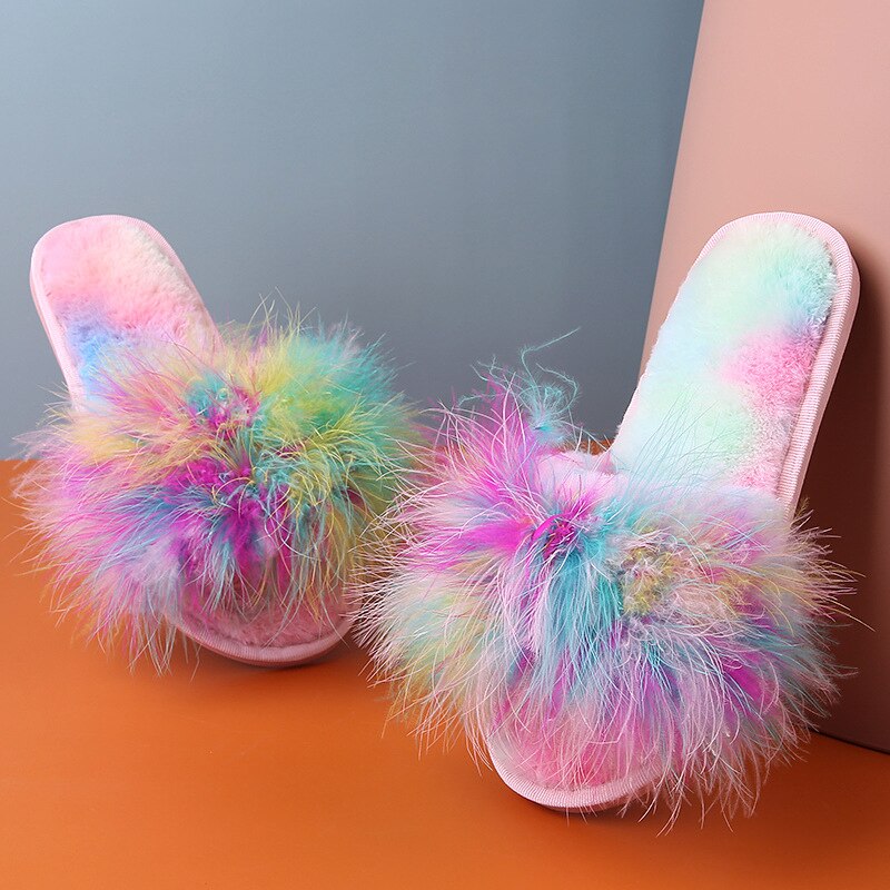 Kids Home Slippers Girls Slides Home Flop Flip Winter Fur Soft Girls For Children Shoes Plush Outdoor Parent-child Shoes