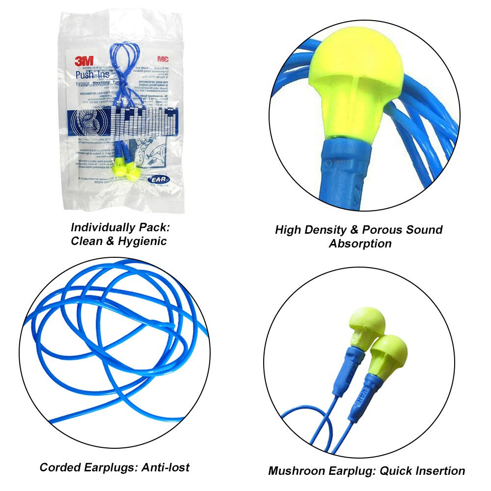 10pairs/lot 3M 318-1005 Ear Protection Push-Ins Corded Earplugs Noise Reduction Highest Comfortable Ear Plugs Soundproof Foam