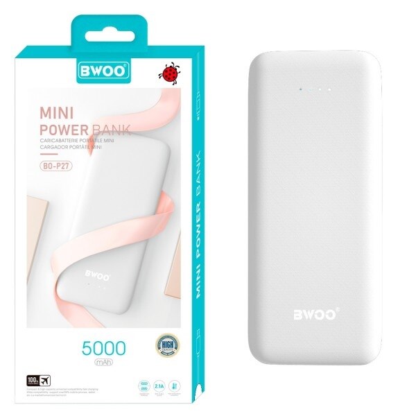 Powerbank Bwoo BO-P27 5000Mah 2.1A Externe Batterij + Kabel 2 Kleuren