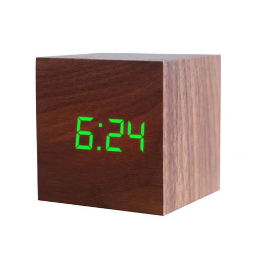 Houten Vierkante Hd Digitale Display Elektronische Led Usb Desk Wekker Tafel Intelligente Voice Control School Slaapkamer Decoratie: Brown  Green Figure