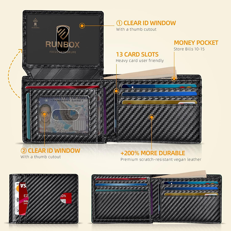 Portefeuille pour hommes en cuir Rfid ultra fin avec fenêtre d'identification portefeuille multi-cartes en fibre de carbone