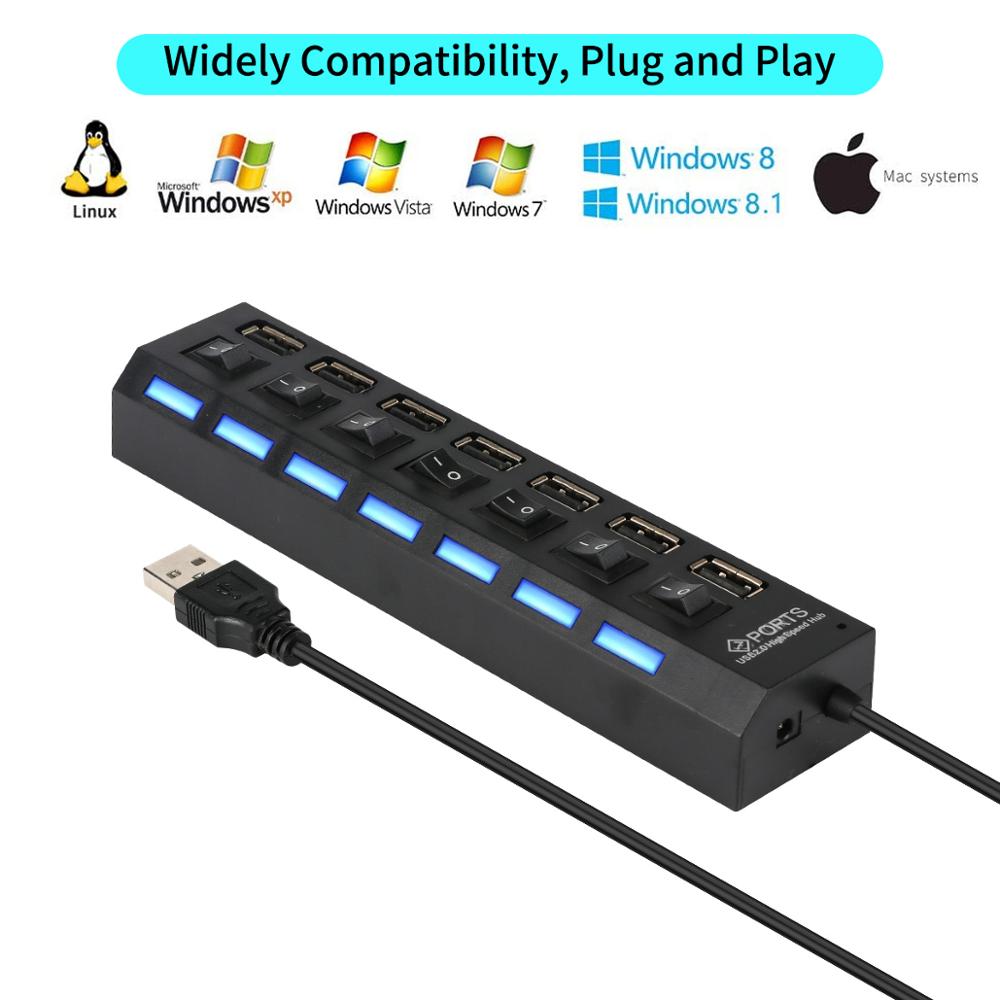7 ports usb splitter usb 2.0 3.0 hub med strøm av/på bryter høyhastighets adapter kabel for pc bærbar datamaskin flere porter gt