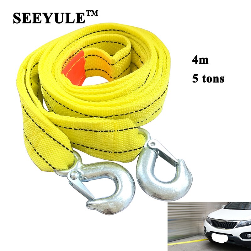 1pc SEEYULE Car Towing Rope Belt 4m 5 tons Emergency Helper Trailer Heavy Duty Pull Towing Bar Straps High Strength Steel Hook