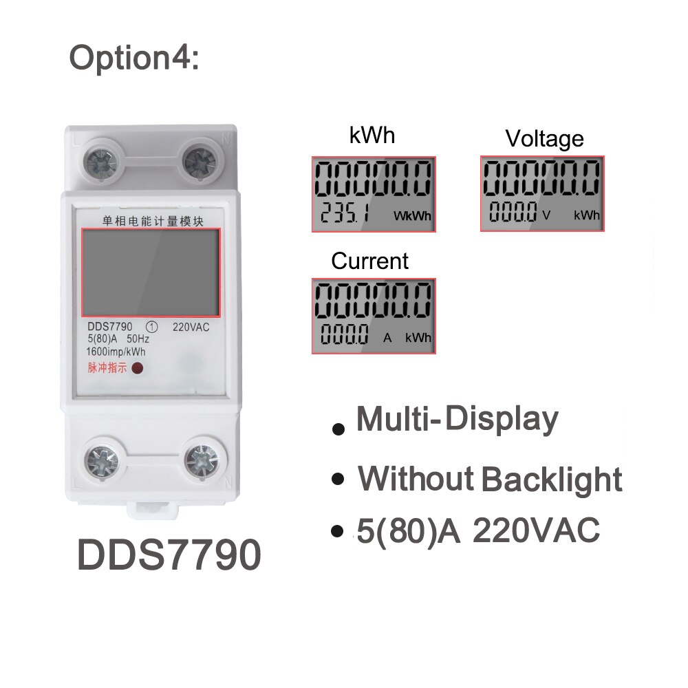 60A Single Phase Two Wire LCD Digital Display Wattmeter Power Consumption Energy Electric Meter 80A AC 230V 50Hz DDS7790: 80A without light