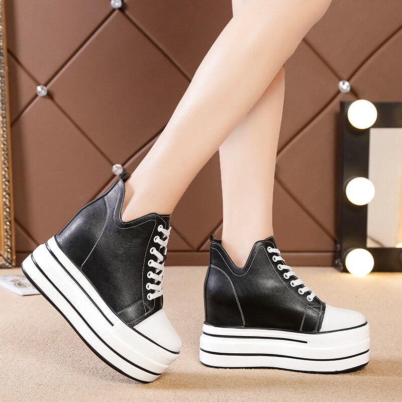 Herfst Hoge Platform Sneakers 9Cm Hoge Hakken Vrouwen Dikke Zool Enkellaarsjes Leather Wedge Winter Casual Schoenen Witte Laarzen maat 40