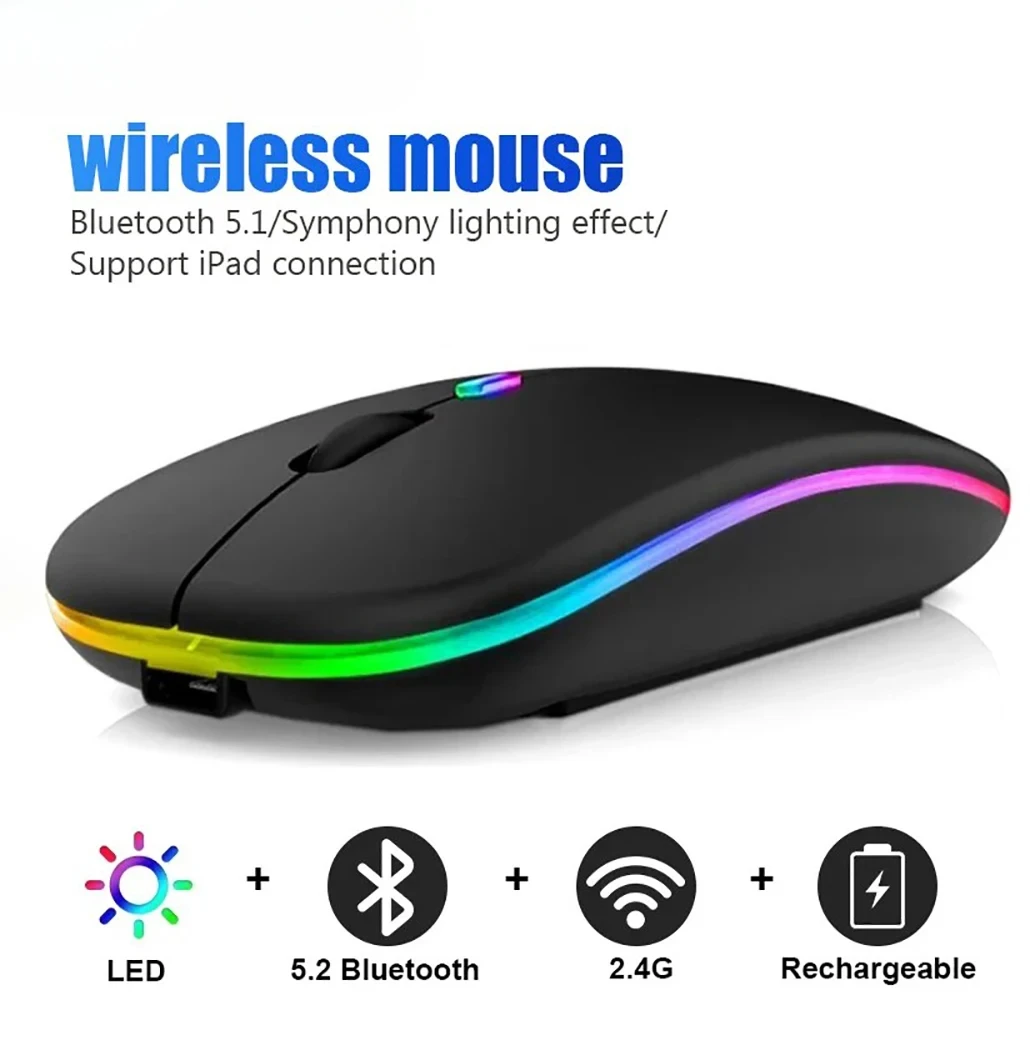 Ratón inalámbrico Bluetooth, recargable por USB, luz LED retroiluminada, 2,4G, modo Dual, ratón silencioso para ordenador portátil, ratón para juegos de PC