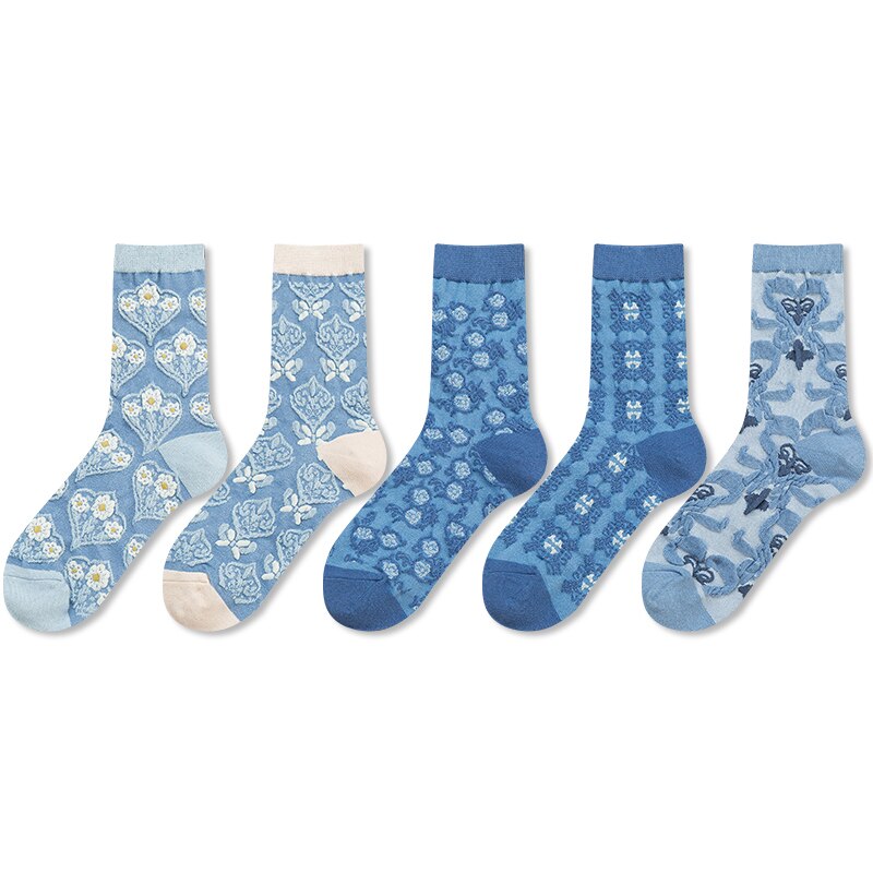 5 Pairs Vrouwen Sokken Set Herfst Winter Bloemen Printing Katoen Harajuku Blauwe Accessoires Geometrie Hartvormige Femme Sokken Kawai