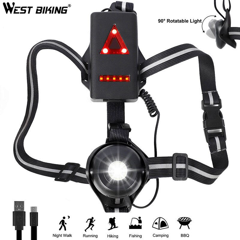 WEST BIKING-luz frontal de pecho para correr, lámpara de advertencia de 2200mAh con carga USB, para ciclismo, pesca, senderismo y Camping