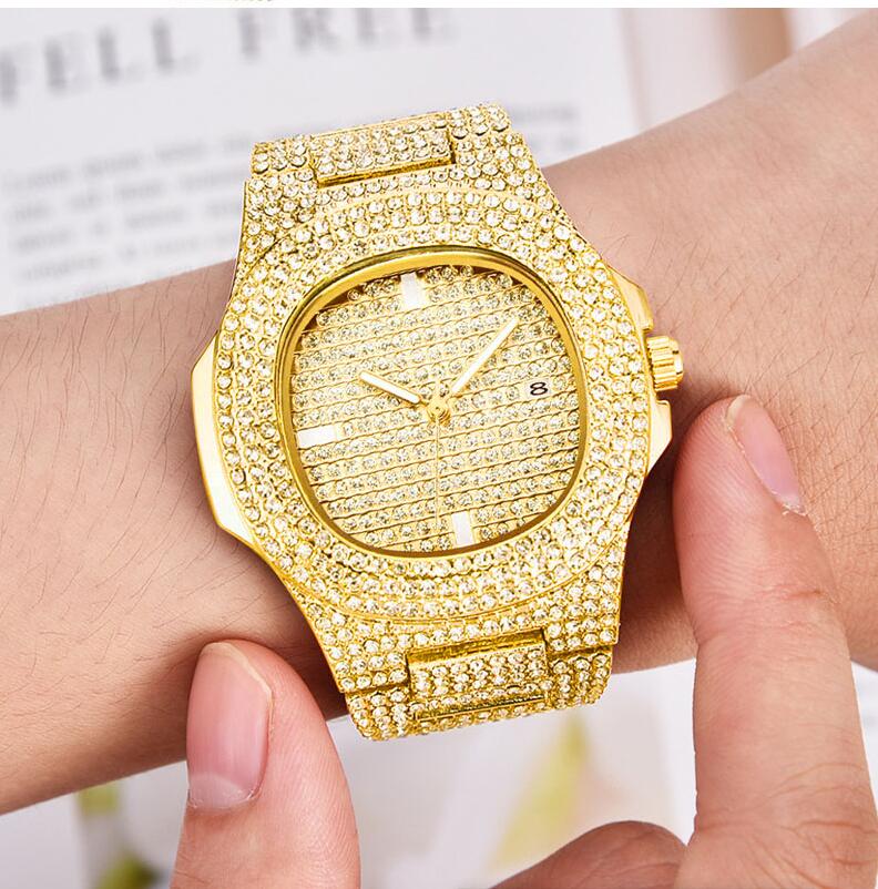 Hip Hop Iced Out Goud Kleur Horloge Quartz Luxe Volledige Diamond Ronde Horloges Heren Rvs Horloge