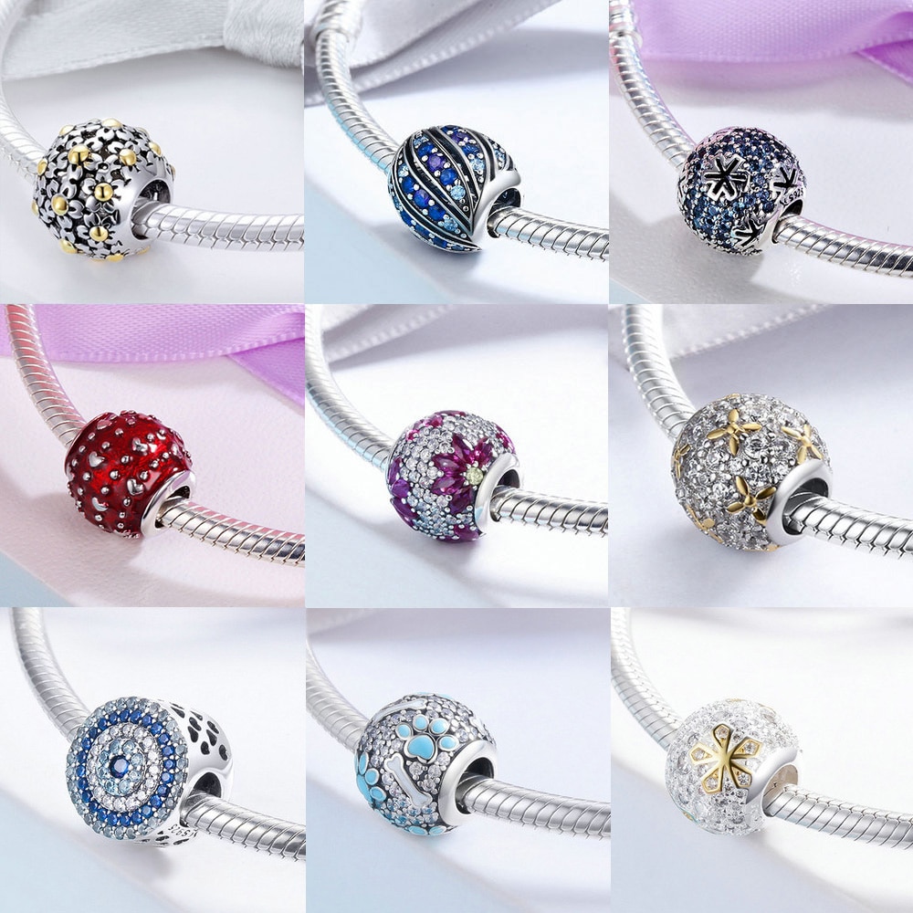 Bisaer 925 breloques en argent sterling en forme de cœur, flocon de neige, feuilles d'érable, perles en cristal cz, adaptées aux bracelets à breloques, bijoux en or à faire soi-même, maman