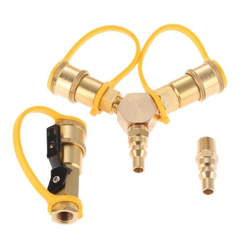 1/4&#39;&#39; RV Propane Quick Connect Y Splitter Adapter Shutoff Valve &amp; Full Flow Male Plug For Gas Grill Fire Pit Gas Stoves