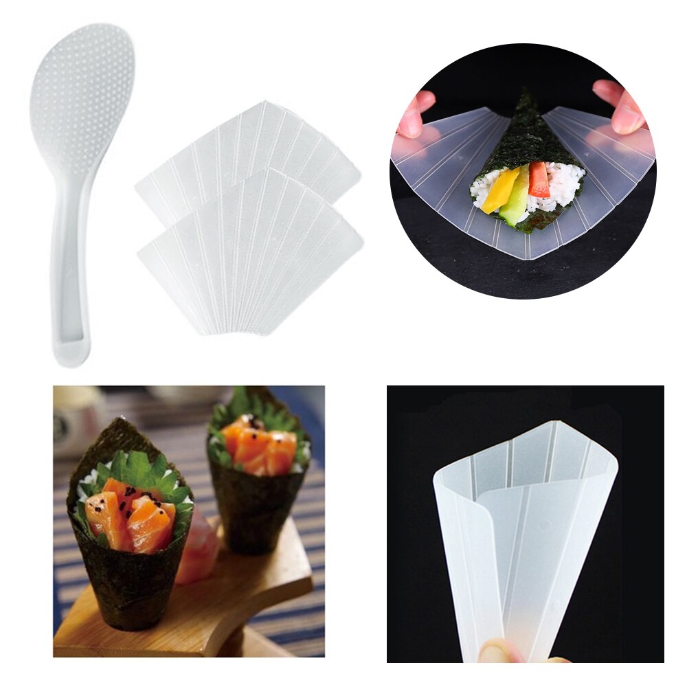 1Set Sushi Tools Two Hand Roll Temaki Sushi Molds Moulds DIY Sushi Maker Onigiri Bento Rice Ball Maker With Rice Paddle H