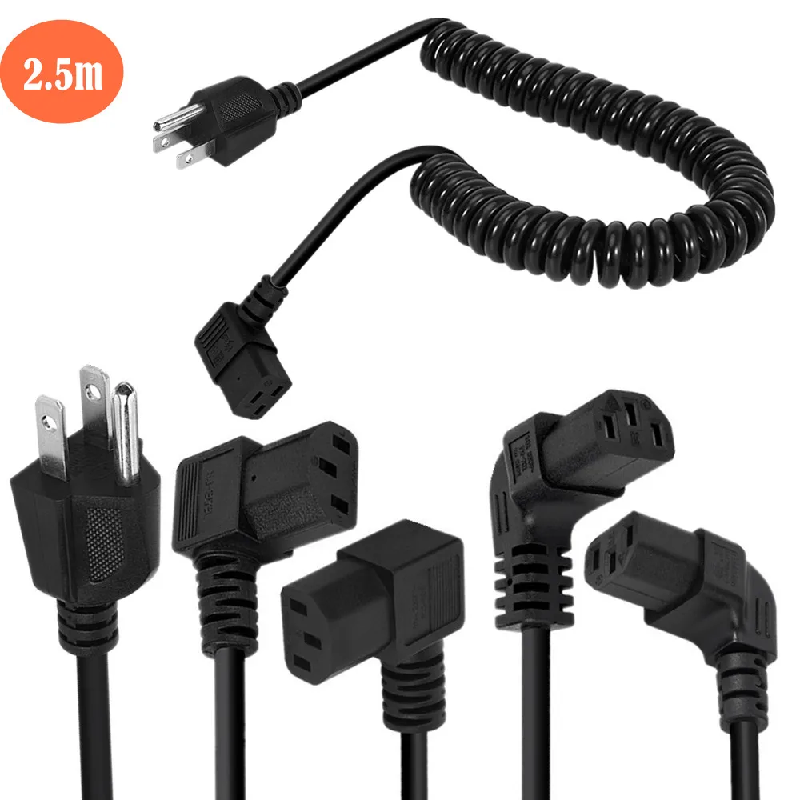 Spiralformet kveilet 7 ~ 8 m 10 ampere 125 volt 3- pinners ac-strømledning for elektronikk, tv, datamaskin, skriver, skjerm, bærbar pc og mer