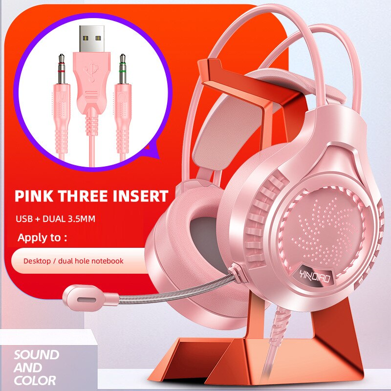 Cool Led Light Wired Gaming Headphones With Mic Bass Stereo Noise Reduction For Computer PC Gaming Headset: Pink USB Dual 3.5mm