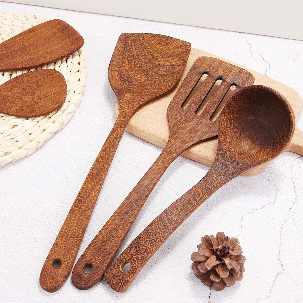 Juego de utensilios de cocina de madera, mango largo, espátula para arroz, cuchara para verduras, carne, cocina, pala, cucharas mezcladoras para sartén antiadherente, herramientas de cocina