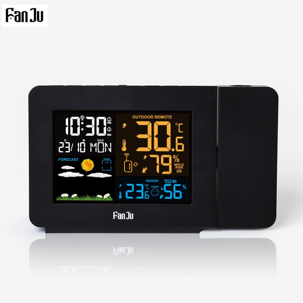 FanJu FJ3391 Weather Station with Projection |Weather Monitor |DCF Radio control | Calendar |7 languages| Backlight Alarm Clock