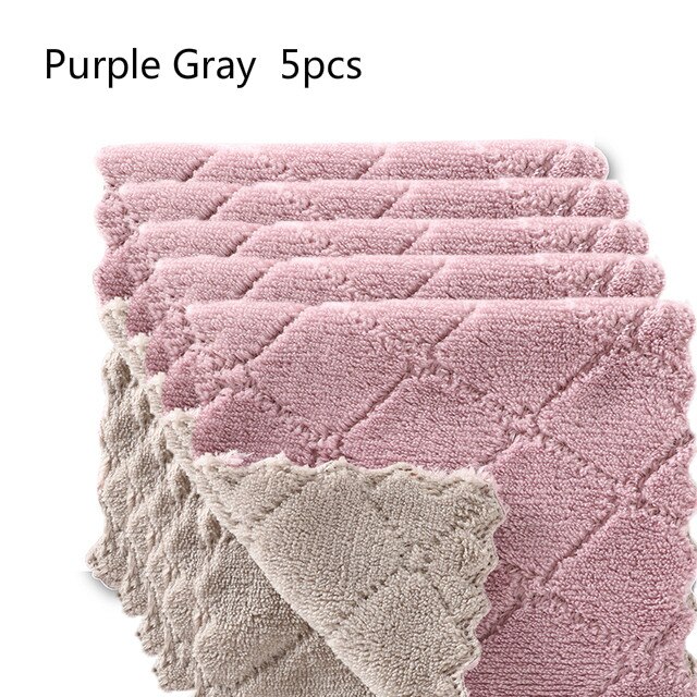5pcs Rag Cleaning Cloth For Washing Dishs Kitchen Supplies Kitchen Double Side Absorbent Dishcloth Special Soft Kitchen Tool: Purple Gray  5pcs