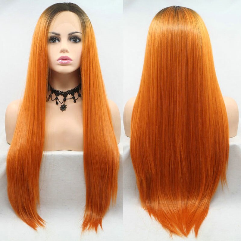 Bombshell-peluca con malla frontal pelo sintético ombré naranja, liso, resistente al calor, fibra, para fiestas