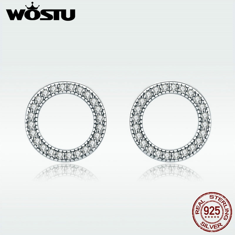 WOSTU 925 Sterling Silver Glitter CZ Round Circle Stud Earring for Women Simple Wedding Engagement Earring Jewelry DXE417