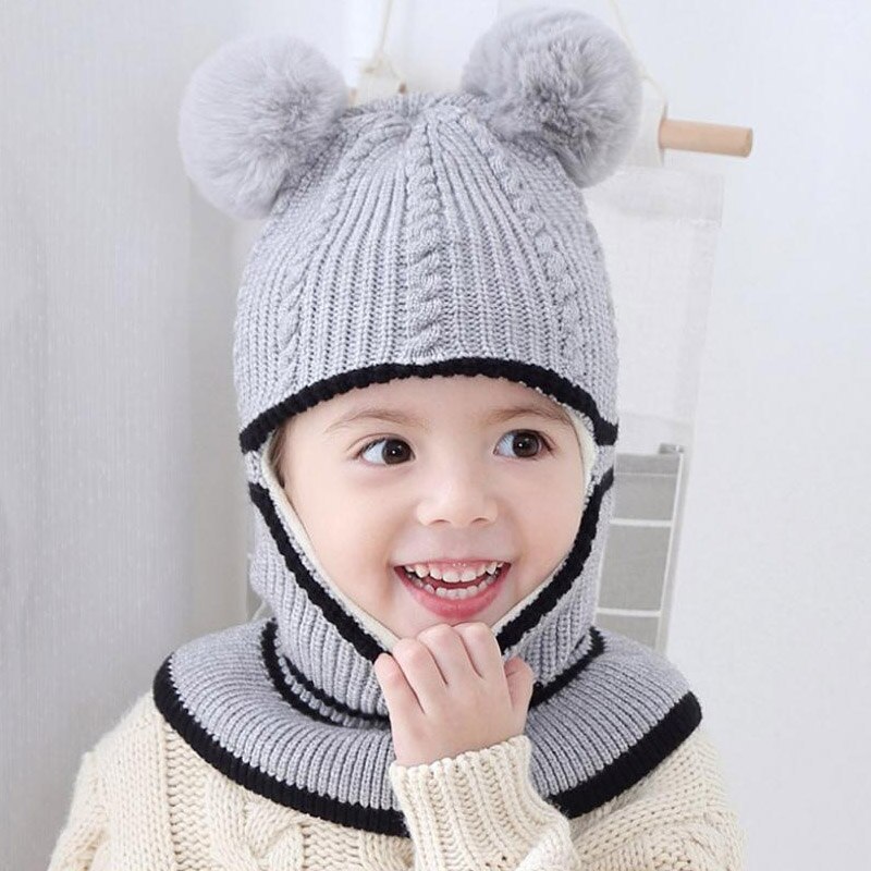 Doitbest 2-6 Y Winter hat for kids beanies two Fur hairball boys Beanie Child knit hats Protect face neck kid girls Earflap Caps: Gray