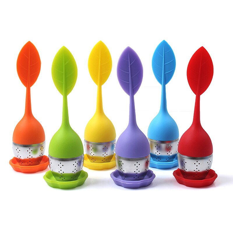 Infusor de té de silicona, filtro de té reutilizable, 6 colores, hojas dulces con bandeja de gota, Bola de té, herramienta de té de filtro de especias de hierbas, 1 Uds.