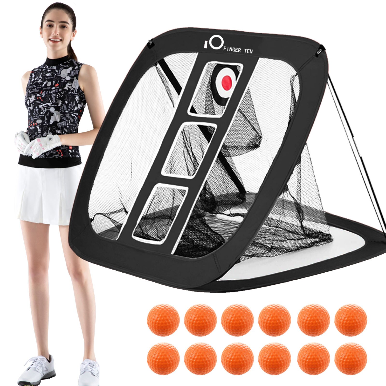 Indoor Outdoor Training Golf Chipping Net Pitching Hitting Nets with Bag Swing Target Pop Up Garden Accessories: Black with 12 Balls