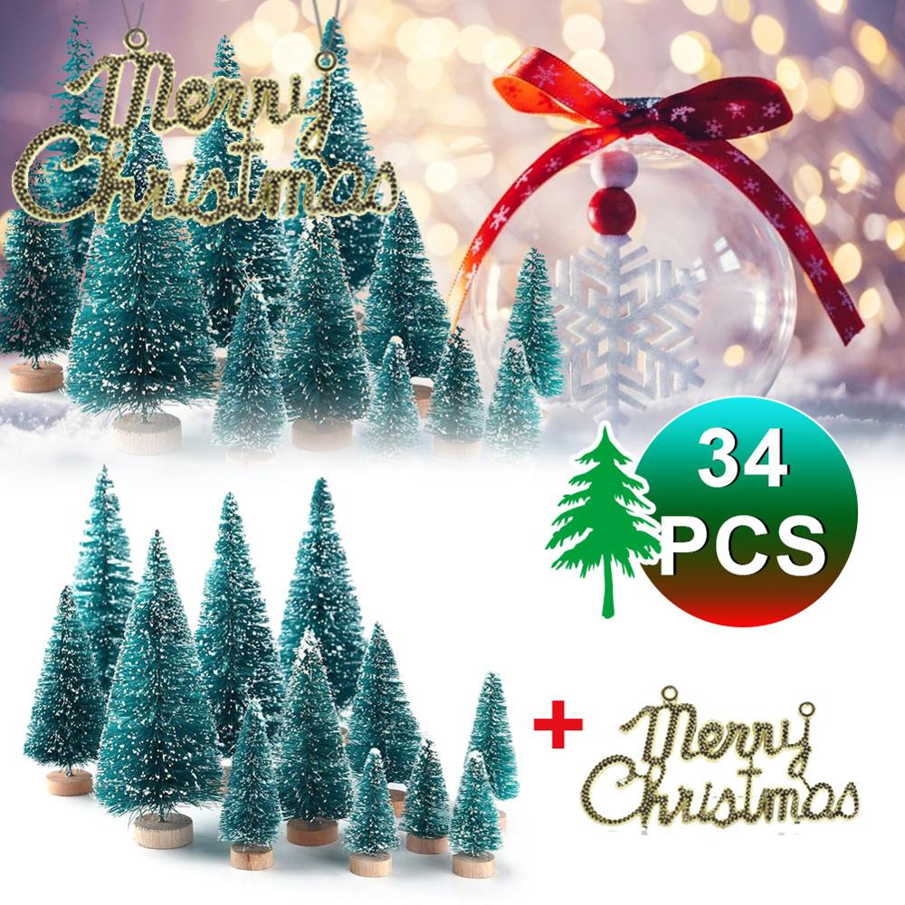 34pcs DIY Mini Christmas Tree Snow Frost Small Pine Tree Craft Desktop Decoration Christmas Tree Ornaments