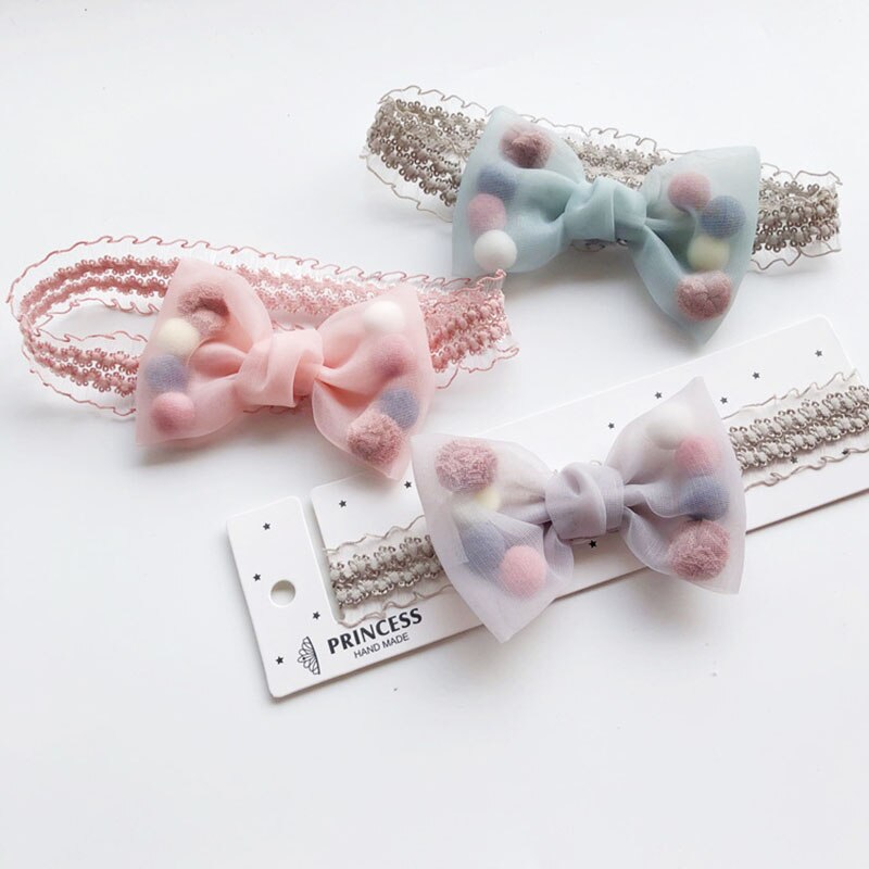 Baby Girls Bowknot Crown Headband Kids Lace Elastic Princess Hair Band Colorful Pompom Baby Hair Accessories