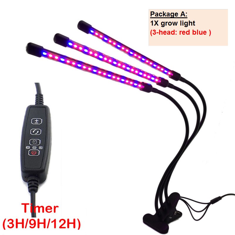 Luces LED para cultivo de plantas, iluminación con temporizador USB de 2/3/4 cabezales, adaptador de 5V para invernadero de interior, cultivo de flores, lámpara Phyto growbox: A package 3 head