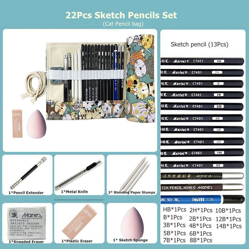 22Pcs Schets Potlood Set Professionele Schetsen Tekening Kit Hout Potlood Voor Beginner,Kid, Tiener, Volwassen, kunstenaar Kunst School Supplies: Sketch Pencils Set B